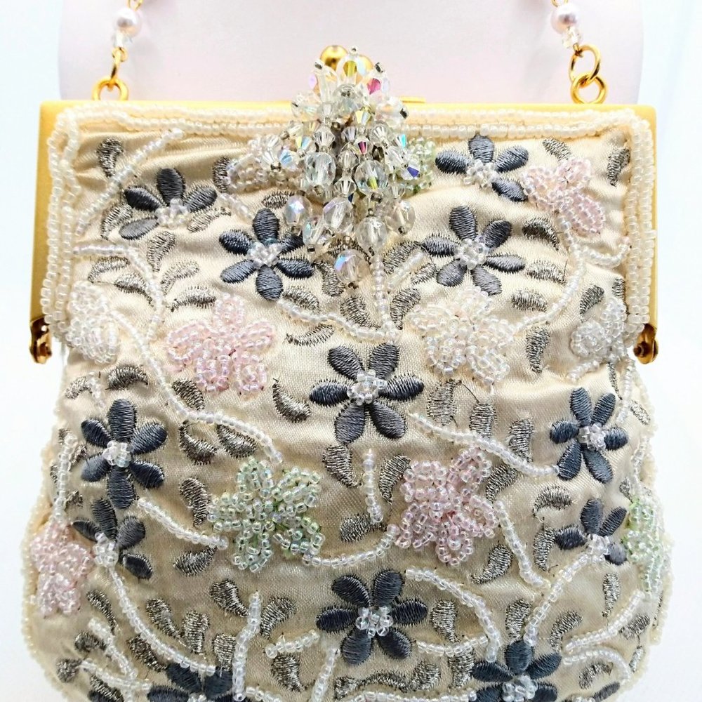 Little Girl Flower Purse For Special Occasion Soft Champagne Embroidered Flowers